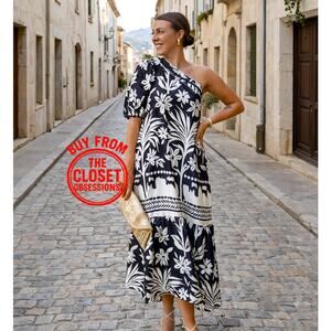 MANGO Asymmetric Floral Midi Dress NWT Black White Rare